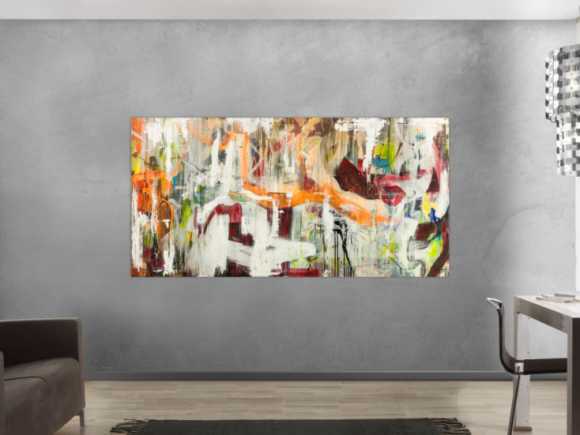 Original Gemälde abstrakt 100x200cm Action Painting expressionistisch handgefertigt Mischtechnik weiß beige orange Unikat