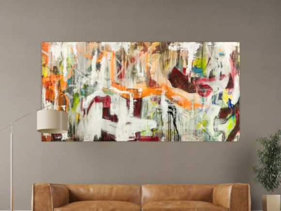 Original Gemälde abstrakt 100x200cm Action Painting expressionistisch handgefertigt Mischtechnik weiß beige orange Unikat