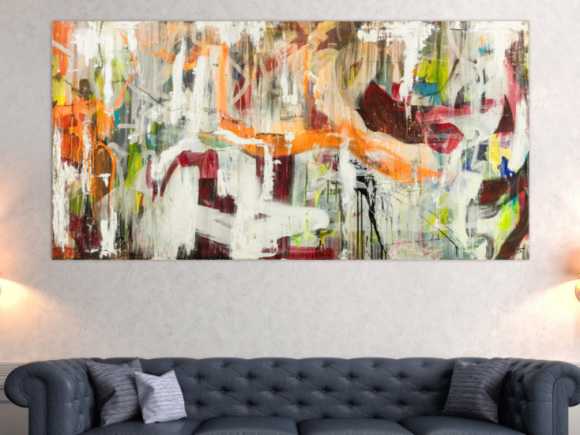 Original Gemälde abstrakt 100x200cm Action Painting expressionistisch handgefertigt Mischtechnik weiß beige orange Unikat