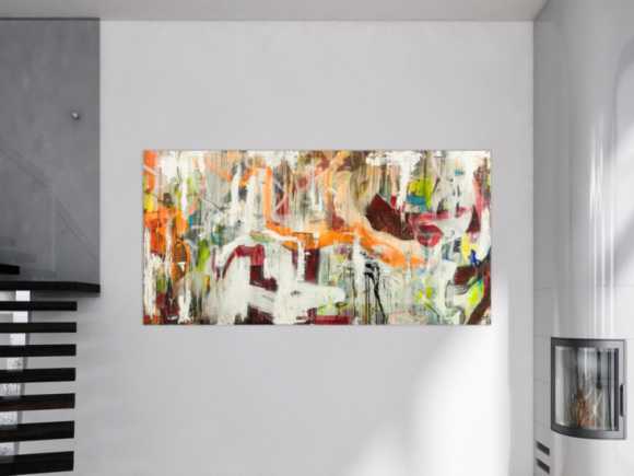 Original Gemälde abstrakt 100x200cm Action Painting expressionistisch handgefertigt Mischtechnik weiß beige orange Unikat