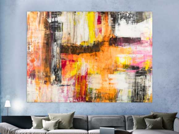 Gemälde Original abstrakt 160x220cm Spachteltechnik Modern Art handgemalt Mischtechnik weiß beige schwarz Einzelstück