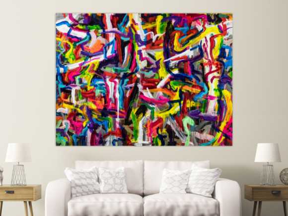 Abstraktes Original Gemälde 150x200cm Mischtechnik expressionistisch auf Leinwand Mischtechnik bunt rot gelb Einzelstück