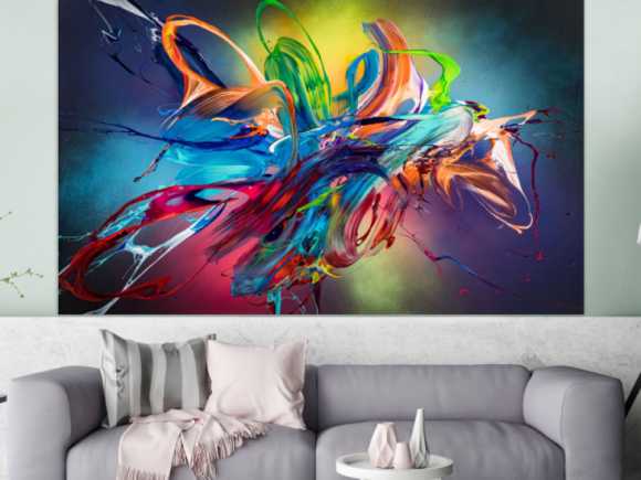 Original Gemälde abstrakt 120x200cm Action Painting Modern Art auf Leinwand Mischtechnik schwarz NEON bunt blau