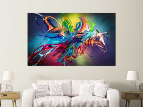 Original Gemälde abstrakt 120x200cm Action Painting Modern Art auf Leinwand Mischtechnik schwarz NEON bunt blau