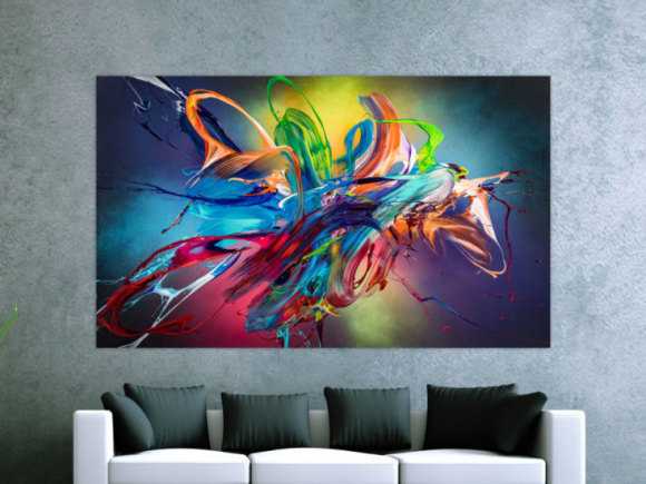 Original Gemälde abstrakt 120x200cm Action Painting Modern Art auf Leinwand Mischtechnik schwarz NEON bunt blau