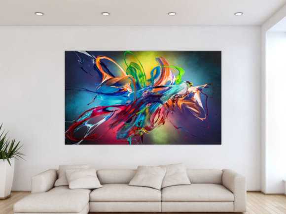 Original Gemälde abstrakt 120x200cm Action Painting Modern Art auf Leinwand Mischtechnik schwarz NEON bunt blau