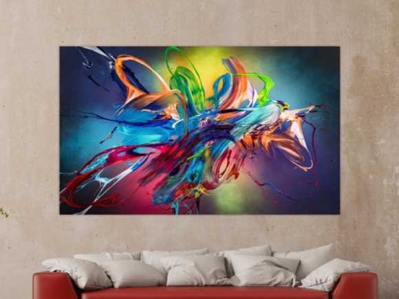 Original Gemälde abstrakt 120x200cm Action Painting Modern Art auf Leinwand Mischtechnik schwarz NEON bunt blau