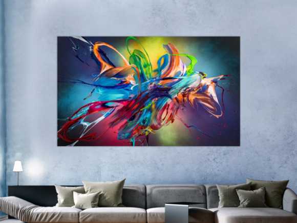 Original Gemälde abstrakt 120x200cm Action Painting Modern Art auf Leinwand Mischtechnik schwarz NEON bunt blau