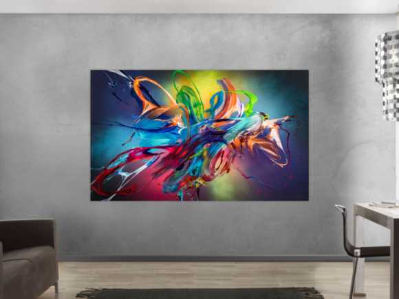 Original Gemälde abstrakt 120x200cm Action Painting Modern Art auf Leinwand Mischtechnik schwarz NEON bunt blau