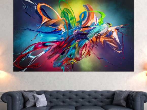 Original Gemälde abstrakt 120x200cm Action Painting Modern Art auf Leinwand Mischtechnik schwarz NEON bunt blau