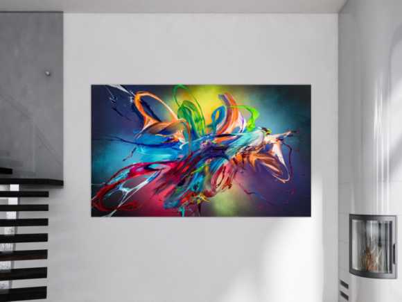 Original Gemälde abstrakt 120x200cm Action Painting Modern Art auf Leinwand Mischtechnik schwarz NEON bunt blau