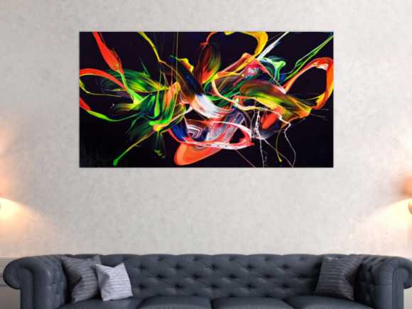 Original Gemälde abstrakt 80x150cm Action Painting Moderne Kunst auf Leinwand Splash Art violett orange grün hochwertig