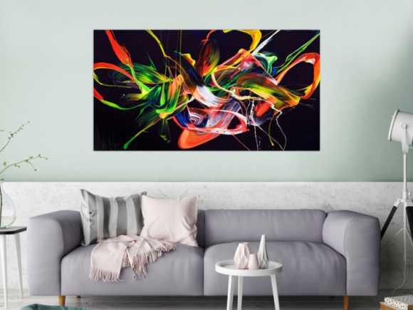 Original Gemälde abstrakt 80x150cm Action Painting Moderne Kunst auf Leinwand Splash Art violett orange grün hochwertig