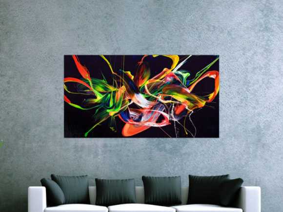 Original Gemälde abstrakt 80x150cm Action Painting Moderne Kunst auf Leinwand Splash Art violett orange grün hochwertig