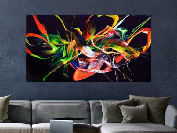 Original Gemälde abstrakt 80x150cm Action Painting Moderne Kunst auf Leinwand Splash Art violett orange grün hochwertig