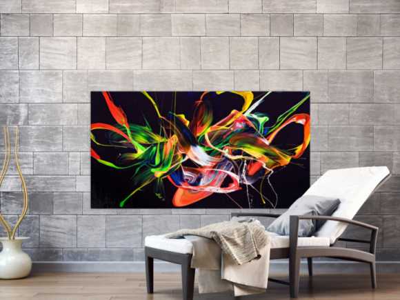 Original Gemälde abstrakt 80x150cm Action Painting Moderne Kunst auf Leinwand Splash Art violett orange grün hochwertig