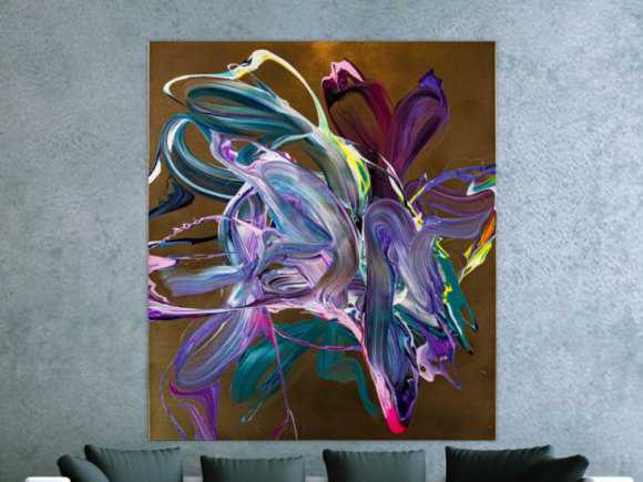 Gemälde Original abstrakt 150x130cm Action Painting Moderne Kunst handgefertigt Mischtechnik gold violett rosa