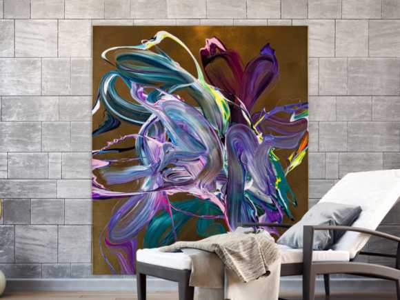 Gemälde Original abstrakt 150x130cm Action Painting Moderne Kunst handgefertigt Mischtechnik gold violett rosa