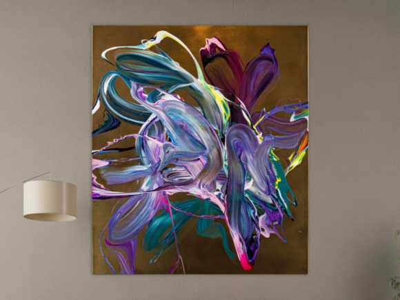 Gemälde Original abstrakt 150x130cm Action Painting Moderne Kunst handgefertigt Mischtechnik gold violett rosa