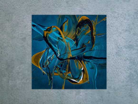 Gemälde Original abstrakt 70x70cm Action Painting expressionistisch auf Leinwand Fluid Painting blau gold türkis Unikat