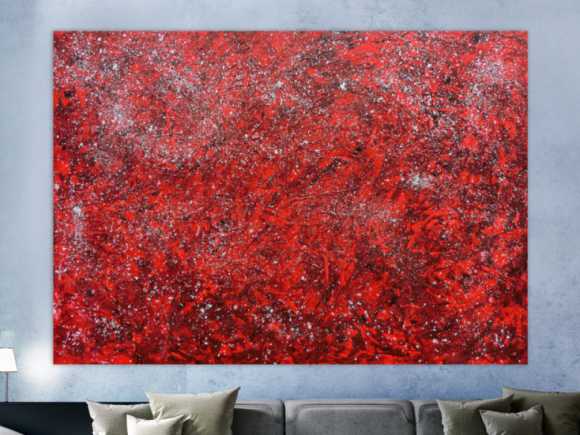 Modernes abstraktes Acrylgemälde in rot und silber