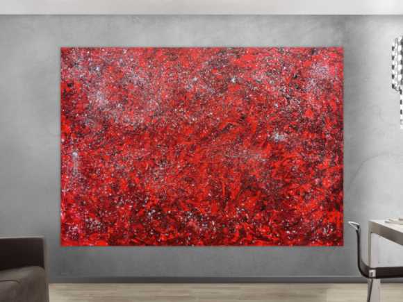 Modernes abstraktes Acrylgemälde in rot und silber