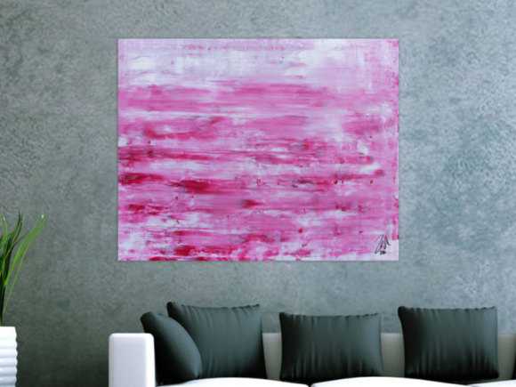 Abstraktes Acrylbild in rosa und weiß mit hellen Farben