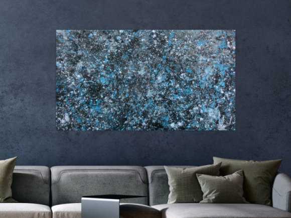 Modernes Gemälde abstraktes Acrylbild blau türkis mit glitzer und silber