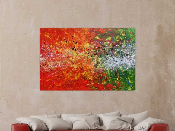 Modernes Acrylgemälde abstrakt orange grün weiß Splashstyle Action Painting