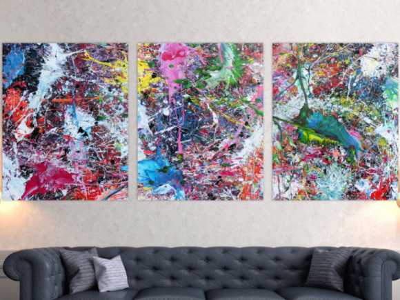 Abstraktes Gemälde sehr bunt drei Teile Triptychon modern Actionpainting expressionstisch