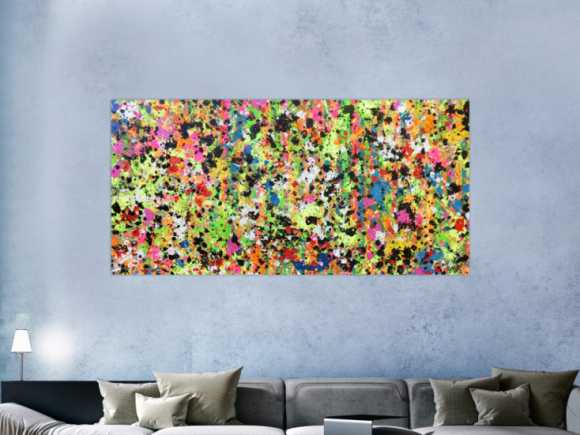 Abstraktes Original Gemälde 90x190cm Action Painting zeitgenössisch auf Leinwand Splash Art bunt hellgrün pink Einzelstück