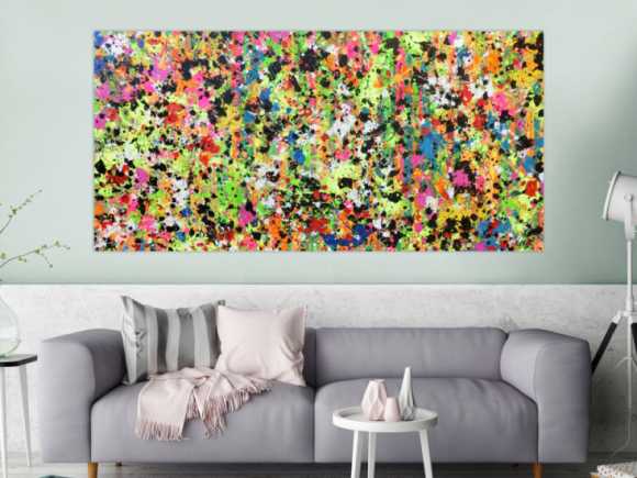 Abstraktes Original Gemälde 90x190cm Action Painting zeitgenössisch auf Leinwand Splash Art bunt hellgrün pink Einzelstück